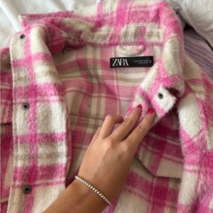 Zara Women's Pink and Cream Plaid Teddy Jacket